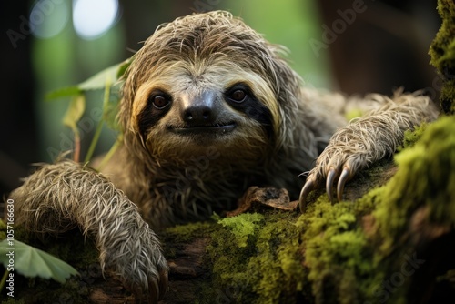 A close-up of a sloth resting on a moss-covered branch in a lush forest environment.