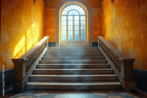 Marble Staircase in a Historic Building with Sunbeams Through an Arched Window