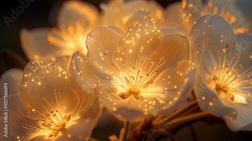 : Pear blossoms illuminated by the golden hour light, each petal detailed with veins and pollen, creating a serene and peaceful scene,