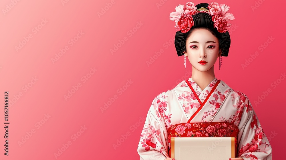 A traditional figure in a floral kimono holds a book, with vibrant pink backgrounds and an elegant hairstyle adorned with flowers. A traditional figure in a floral kimono holds a book, with vibrant pink backgrounds and an elegant hairstyle adorned with flowers.