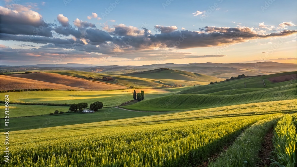 Obraz premium Serene Farming Fields in Morning Light - Captivating Rural Landscape Photography