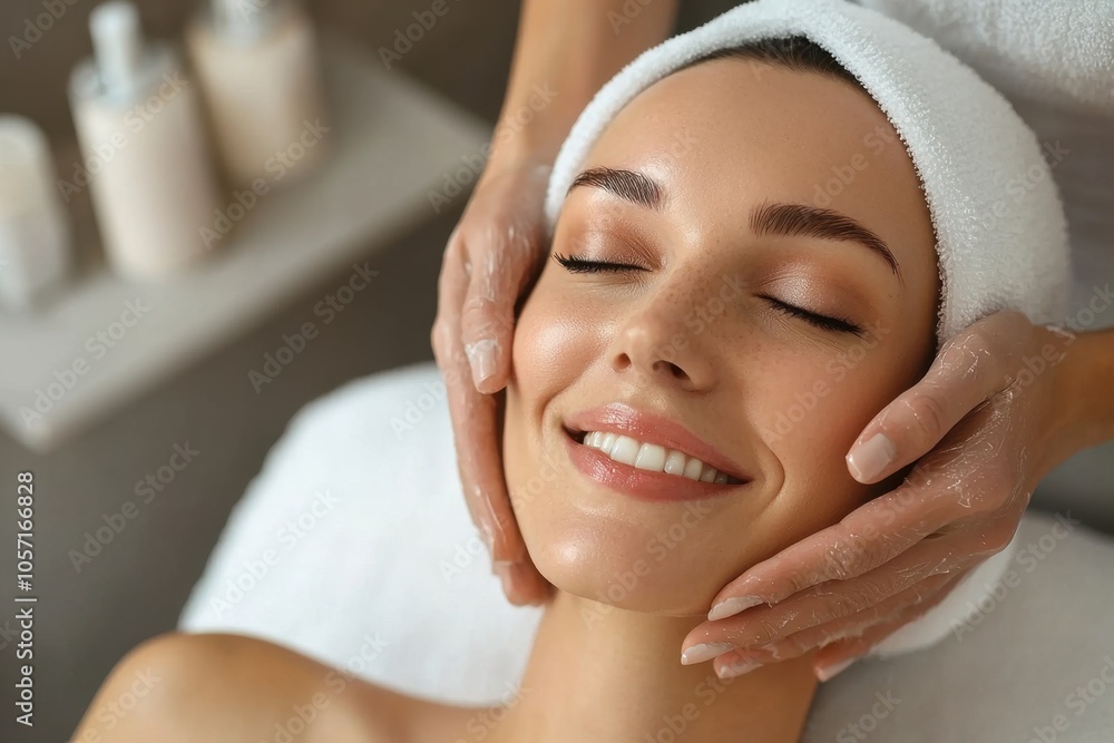 Close-up of a smiling woman receiving a facial treatment at a beauty clinic. Professional therapist, clean environment, relaxed client. Ideal for commercial use with blank space. Close-up of a smiling woman receiving a facial treatment at a beauty clinic. Professional therapist, clean environment, relaxed client. Ideal for commercial use with blank space.