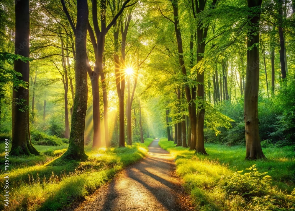 Obraz premium Serene Forest Path Illuminated by Sunlight - Nature Photography for Tranquil Landscapes
