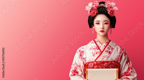 A traditional figure in a floral kimono holds a book, with vibrant pink backgrounds and an elegant hairstyle adorned with flowers.