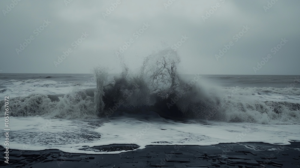 Obraz premium A powerful wave crashes against a black sand beach, creating a dramatic spray.