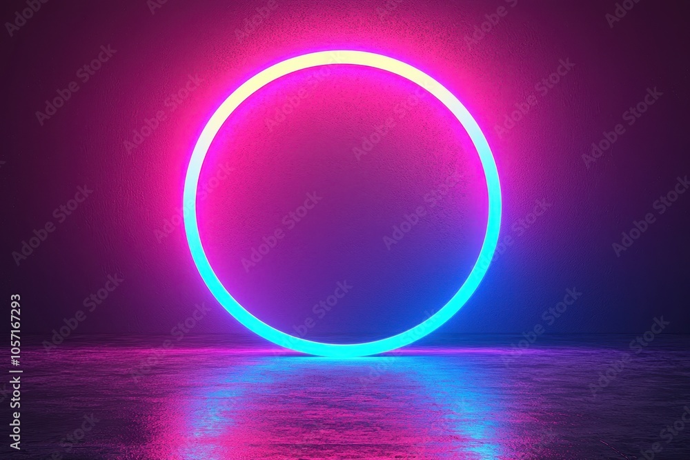 A glowing neon circle reflects on a dark surface, creating a vibrant contrast of blue and pink hues in a futuristic atmosphere. A glowing neon circle reflects on a dark surface, creating a vibrant contrast of blue and pink hues in a futuristic atmosphere.