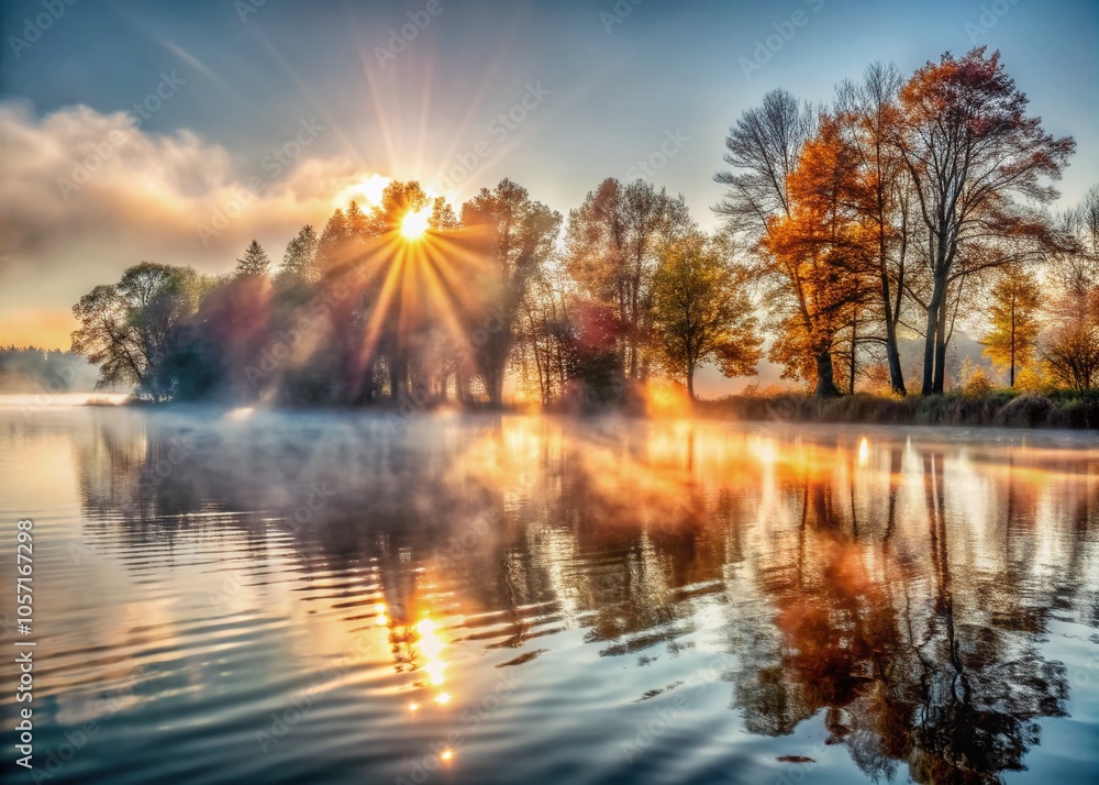 Serene Landscape with Gentle Sunlight Breaking Through Fog over Calm Water and Trees Serene Landscape with Gentle Sunlight Breaking Through Fog over Calm Water and Trees
