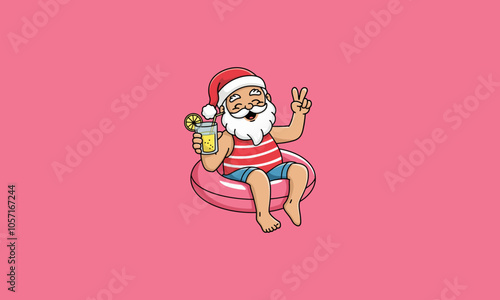 Santa Claus relaxing on a pool float with a drink, peace sign.