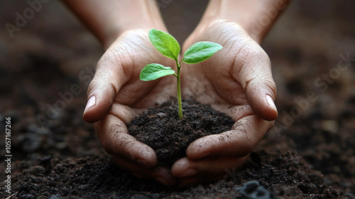 Hands Holding Soil with a Young Green Plant Seedling Growing