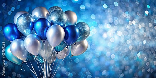 A vibrant cluster of blue and silver balloons with glimmering texture, arranged against a dreamy blue background with soft bokeh effects.