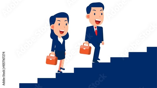 Businessman and businesswoman with suitcase climbing the stairs of success