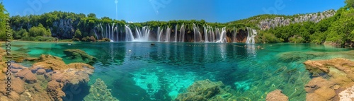 A beautiful lake with a waterfall in the background