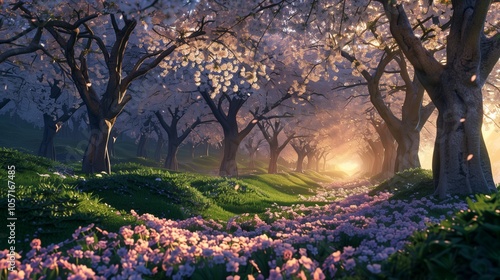 : The first light of dawn illuminating a grove of cherry blossom trees, their petals glowing, while the green banks are dotted with quietly blooming pink violets.