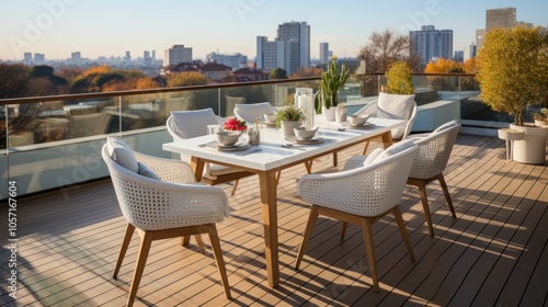 Outdoor dining area with a view, featuring a table set for a meal.