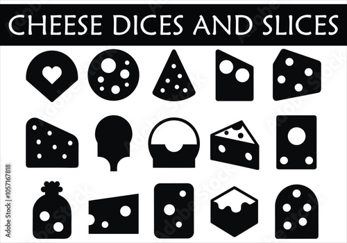 Cheese dices and slices silhouette vector.