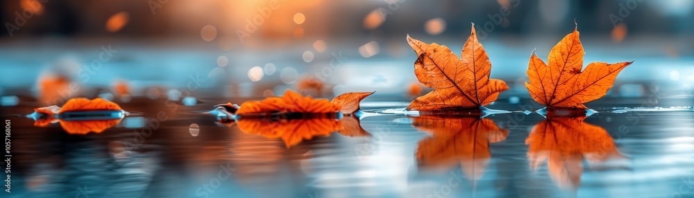 A beautiful image of three orange leaves floating on a body of water A beautiful image of three orange leaves floating on a body of water