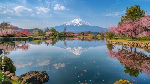 : The tranquil waters of a pond reflecting the beauty of blooming plum blossoms, with the majestic Mt. Fuji rising in the background at Iwamotoyama Park.
