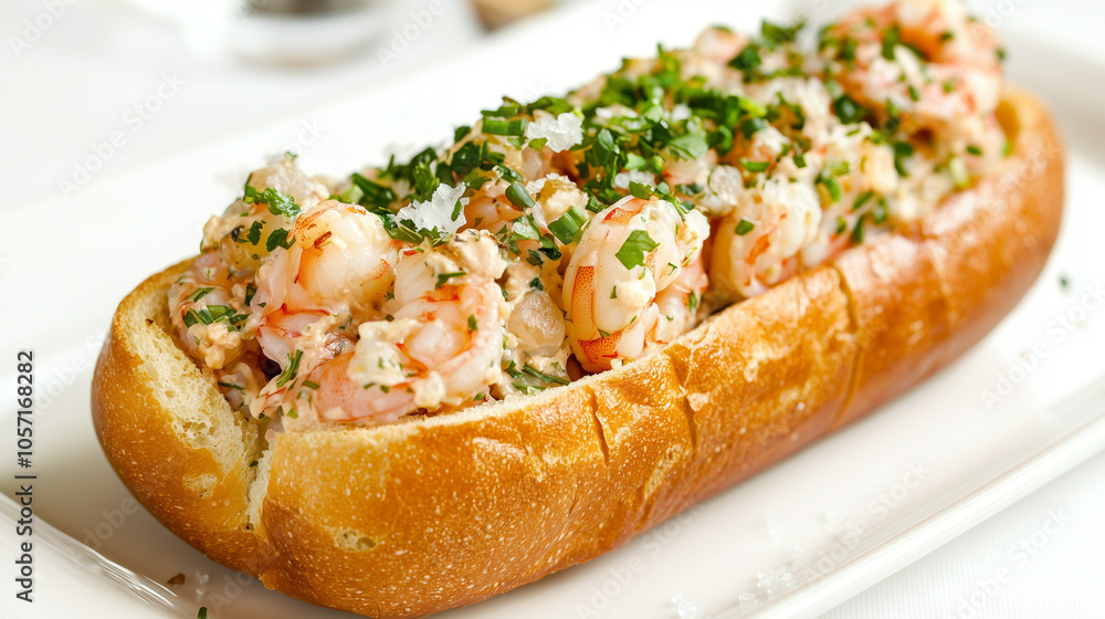 Shrimp roll with fresh herbs and a creamy filling on a white plate.. Shrimp roll with fresh herbs and a creamy filling on a white plate..
