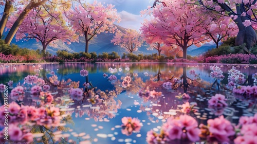 : The vibrant canopy of cherry blossoms reflected in a serene pond, with clusters of pink violets adding subtle bursts of color along the shore.
