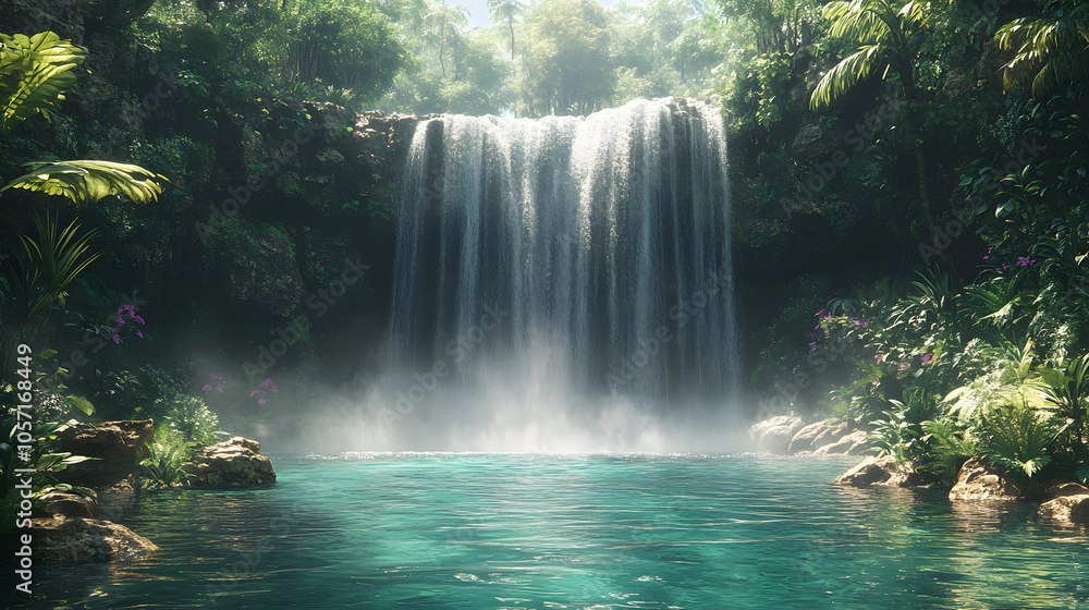 Majestic Waterfall Cascading into a Crystal-Clear Pool in Lush Green Forest Setting
Majestic Waterfall Cascading into a Crystal-Clear Pool in Lush Green Forest Setting