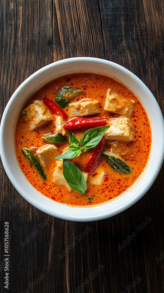 Bowl of flavorful red curry with tofu, coconut milk, and vegetables, seasoned with aromatic spices Bowl of flavorful red curry with tofu, coconut milk, and vegetables, seasoned with aromatic spices