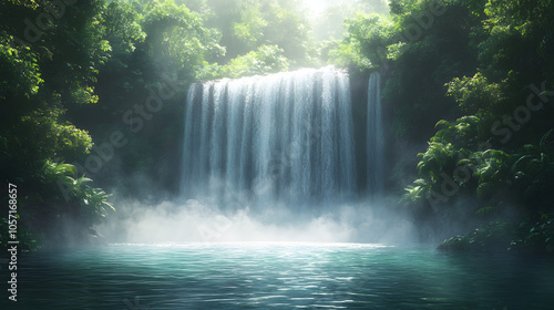 Majestic Waterfall Cascading into a Crystal-Clear Pool in Lush Green Forest Setting 