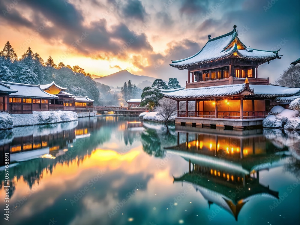 Obraz premium Serene Winter Long Exposure of Traditional Chinese Ancient Buildings Surrounded by Snow