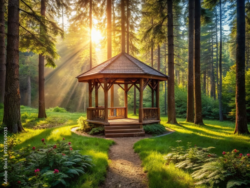 Serene Wooden Gazebo in Lush Forest Surrounded by Majestic Tall Trees for Tranquil Nature Photography Serene Wooden Gazebo in Lush Forest Surrounded by Majestic Tall Trees for Tranquil Nature Photography