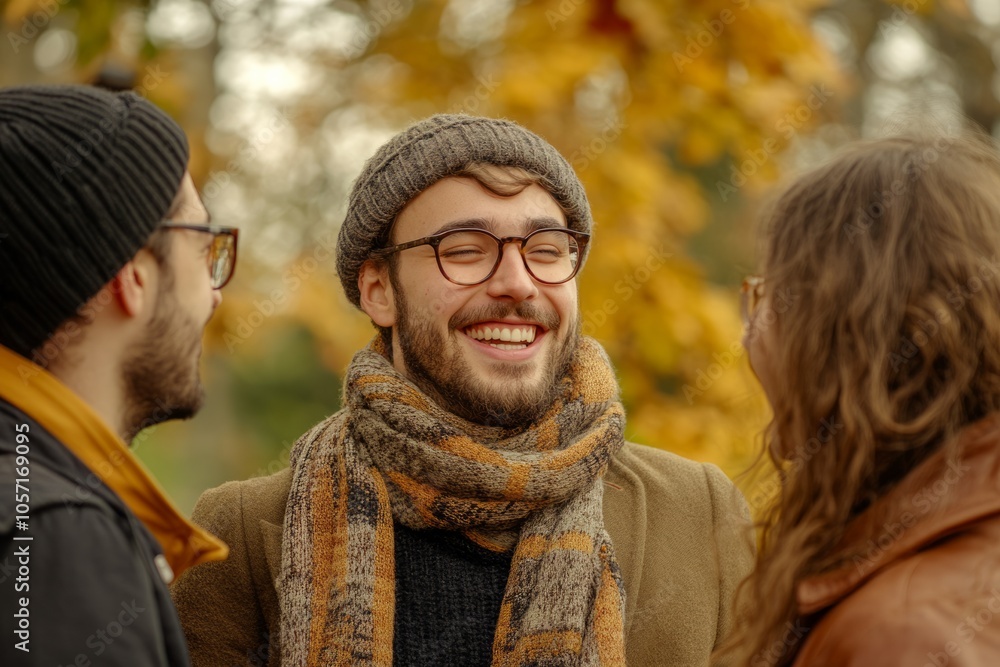 group of smiling young people are talking outside in fall weathe group of smiling young people are talking outside in fall weathe