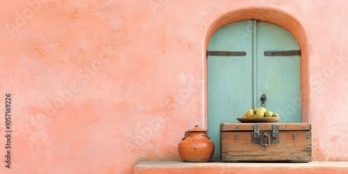 Rustic Wooden Chest with Green Fruit and Clay Pot Against Pastel Pink Wall and Blue Door