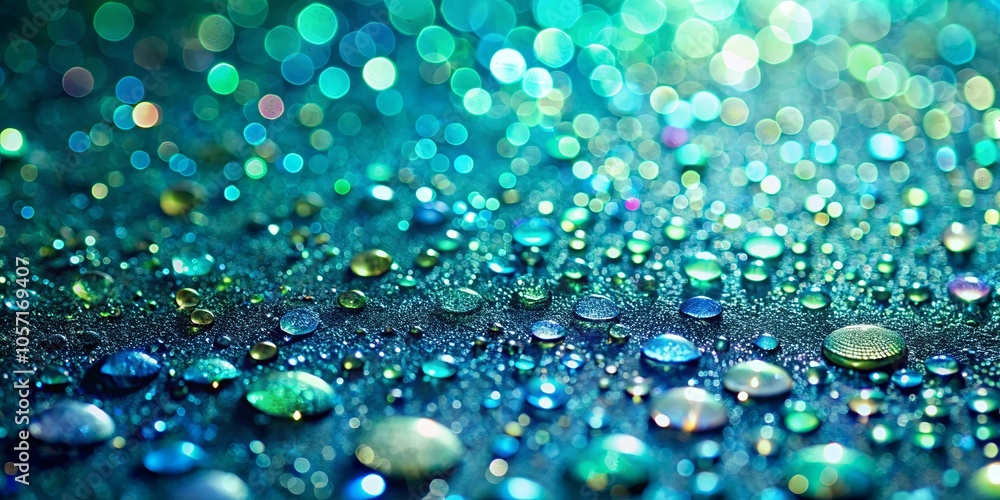 A symphony of shimmering blue, green, and silver water droplets reflecting an ethereal glow, creating a mesmerizing spectacle of light and texture. A symphony of shimmering blue, green, and silver water droplets reflecting an ethereal glow, creating a mesmerizing spectacle of light and texture.