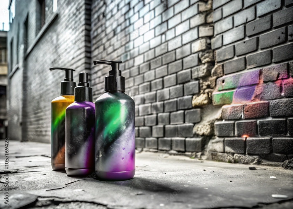 Shampoo Bottles with Custom Labels in Urban Settings for Product Photography Shampoo Bottles with Custom Labels in Urban Settings for Product Photography