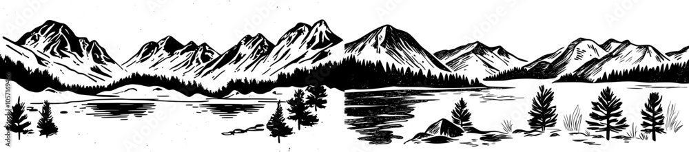 A modern decorative flat set featuring layered hand drawn banners, watercolor hills and rocks or mountains. A clear sky and horizon. A reflection in water. Abstract landscape. A modern decorative flat set featuring layered hand drawn banners, watercolor hills and rocks or mountains. A clear sky and horizon. A reflection in water. Abstract landscape.