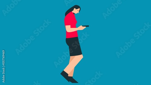 woman looking his phone and walking 