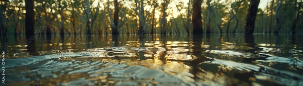 A forest with a body of water in the foreground A forest with a body of water in the foreground