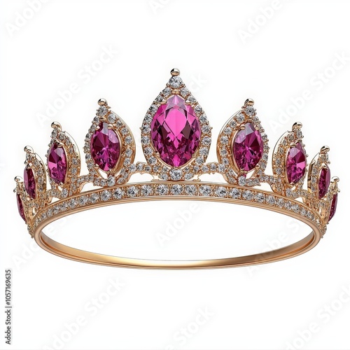 A gold crown adorned with purple gemstones and diamonds, symbolizing royalty and elegance.