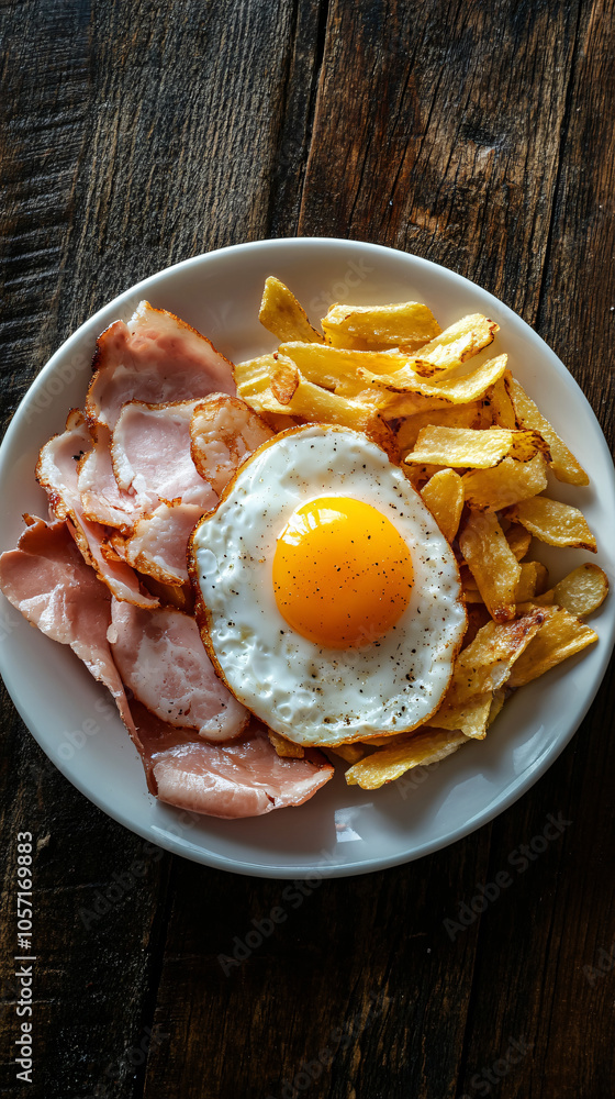 Serving up a tasty fried egg with bacon and chips on a rustic wooden table Serving up a tasty fried egg with bacon and chips on a rustic wooden table