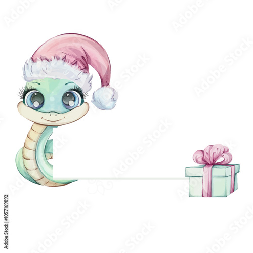 Green snake girl with crown and green gift box, pink bow. Watercolor frame, border with Symbol of Chines New Year 2025 in cute cartoon style for souvenirs, printing, packaging