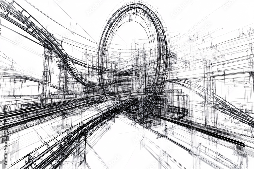 Obraz premium An abstract blueprint showcasing a roller coaster with loops and tracks drawn in detailed black lines on white background highlighting engineering complexity 