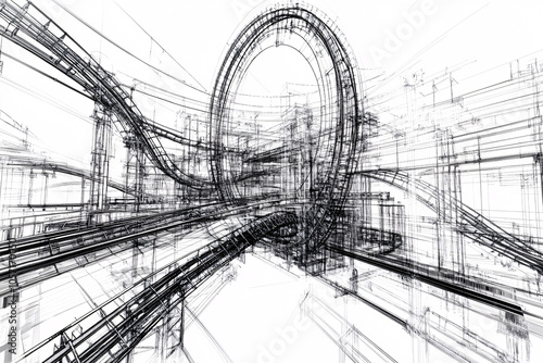An abstract blueprint showcasing a roller coaster with loops and tracks drawn in detailed black lines on white background highlighting engineering complexity
