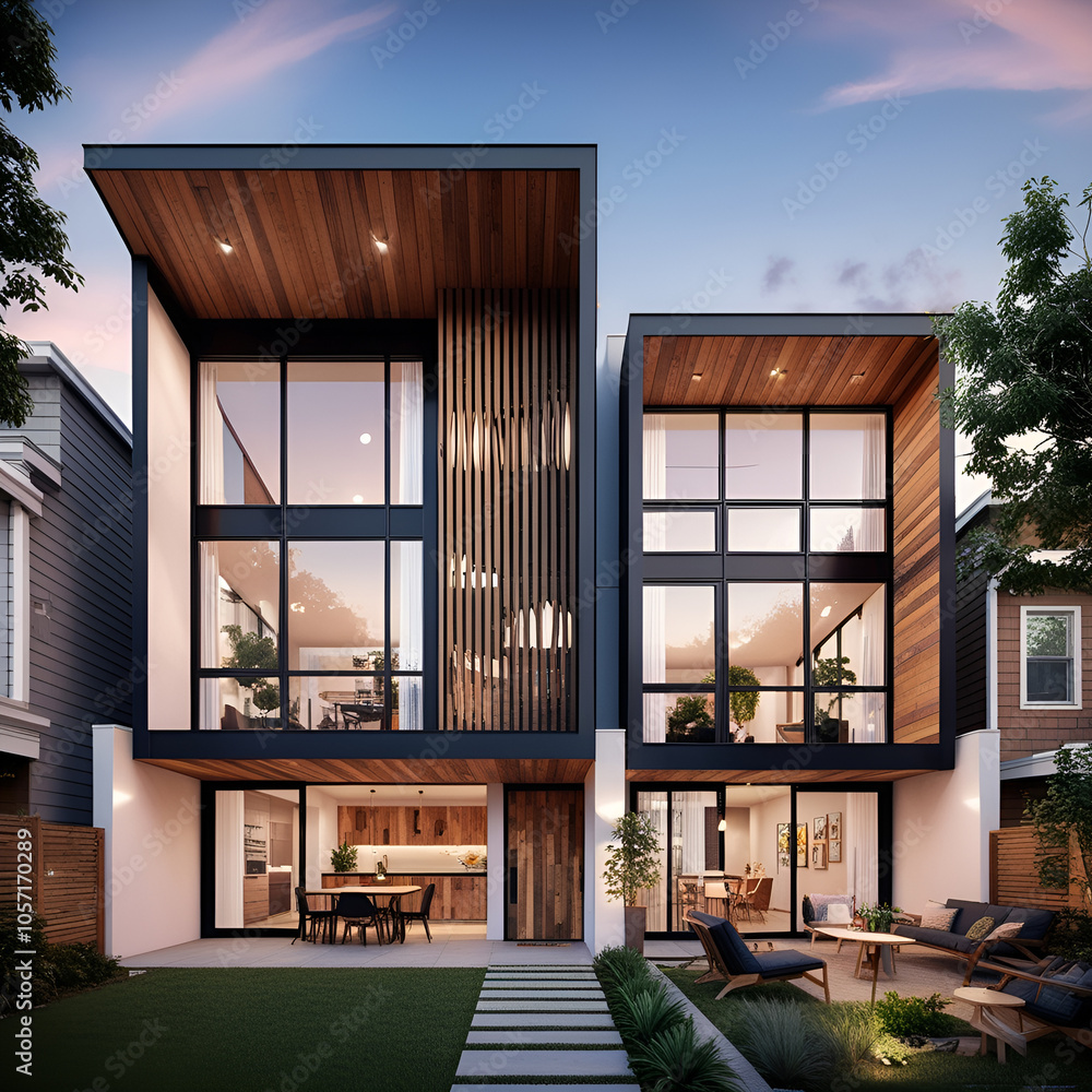 Contemporary Duplex Design: Geometric Facade and Open Living Spaces. AI Generate Contemporary Duplex Design: Geometric Facade and Open Living Spaces. AI Generate