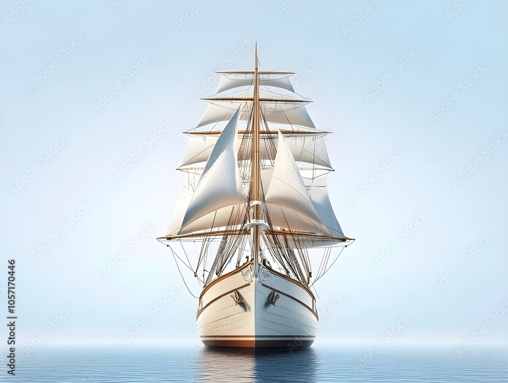 Fototapeta premium Wooden sailing ship facing forward on calm sea with horizon and soft blue sky gradient