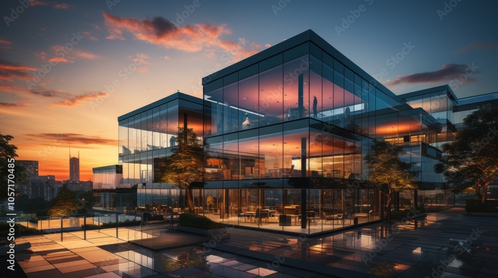 Modern glass building reflecting sunset, showcasing sleek architecture and urban design. Modern glass building reflecting sunset, showcasing sleek architecture and urban design.