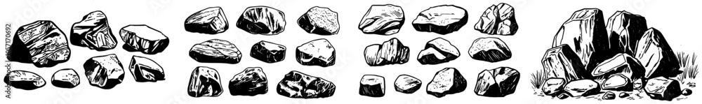 The elements of nature in a set of contemporary black and white doodles. Gravel stones and boulders sketch. Old outline minerals. Pebble piles. Granite rubble and heavy cobblestones. The elements of nature in a set of contemporary black and white doodles. Gravel stones and boulders sketch. Old outline minerals. Pebble piles. Granite rubble and heavy cobblestones.