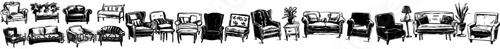 Sketch of sofas. Collection of freehand couch drawings. House armchairs with engravings. Modern apartment furnishings.