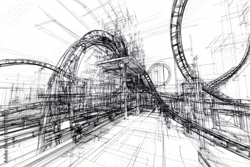 A conceptual roller coaster design in black and white with loops and curves forming a dynamic blueprint style drawing emphasizing structure and form
