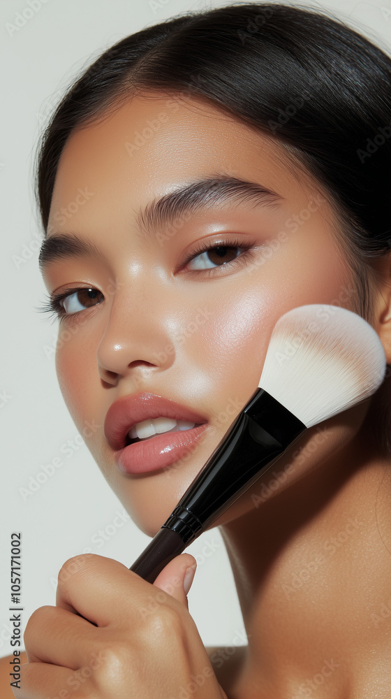 Healthy, glowing skin with perfect blush, close-up of a beauty model applying makeup. Cosmetics photo, beauty industry advertising photo. Healthy, glowing skin with perfect blush, close-up of a beauty model applying makeup. Cosmetics photo, beauty industry advertising photo.