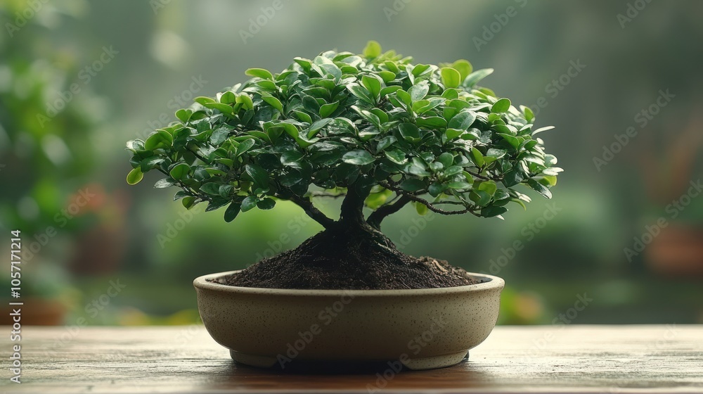 A lush bonsai tree in a decorative pot, symbolizing tranquility. A lush bonsai tree in a decorative pot, symbolizing tranquility.