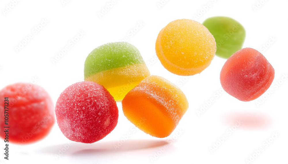 sugar coated gummy candies floating or flying isolated white background sugar coated gummy candies floating or flying isolated white background