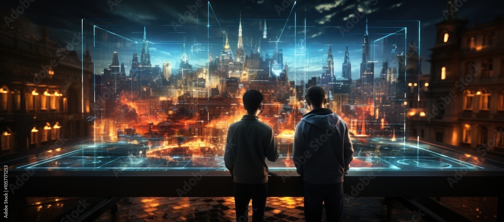 Two figures observe a futuristic cityscape with holographic elements and visual effects. Two figures observe a futuristic cityscape with holographic elements and visual effects.